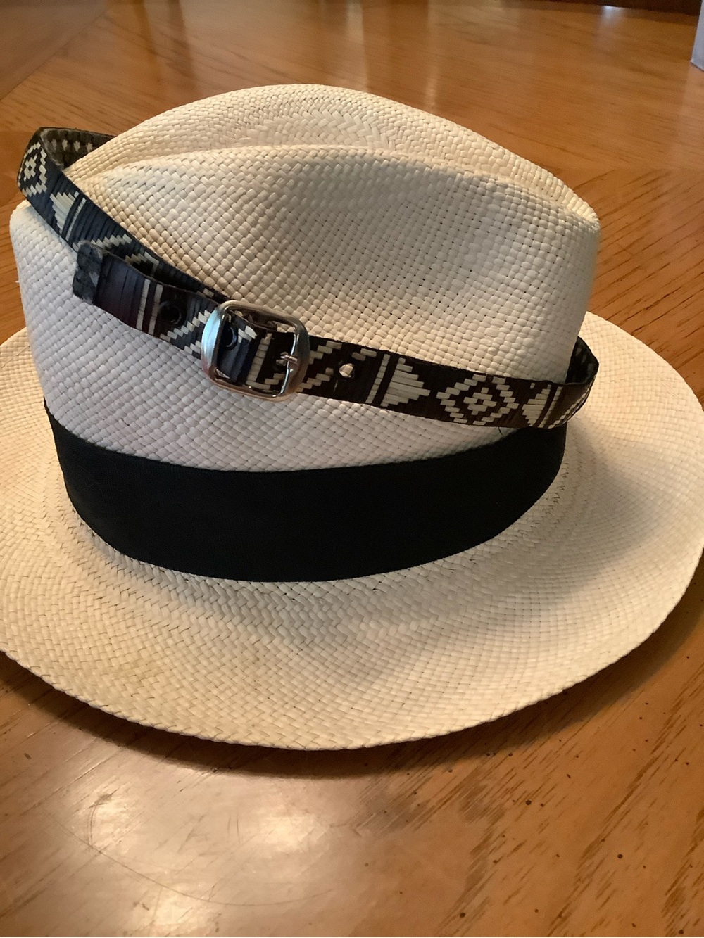 Men's Cream Straw Fedora with Black Band and Patterned Strap Band XXL